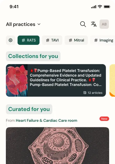 Feed screen with practice topics, collections and curated publications, with the My practice settings open.